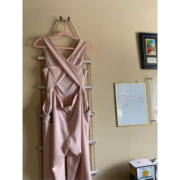 Express Light Pink Medium Jumpsuit V Neck Cross Back Knit Wide Leg Flare Jumpsui - Picture 6 of 8